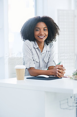Buy stock photo Portrait, business and black woman at desk, office and smile with corporate professional, career ambition and broker. Face, African person or financial adviser with coffee, startup or economy analyst
