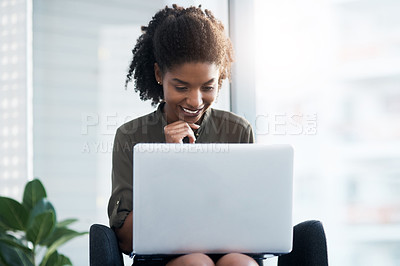 Buy stock photo Black woman, business and laptop in office for reading emails, project management and daily corporate news or growth. Female entrepreneur, digital technology and research, online and review feedback