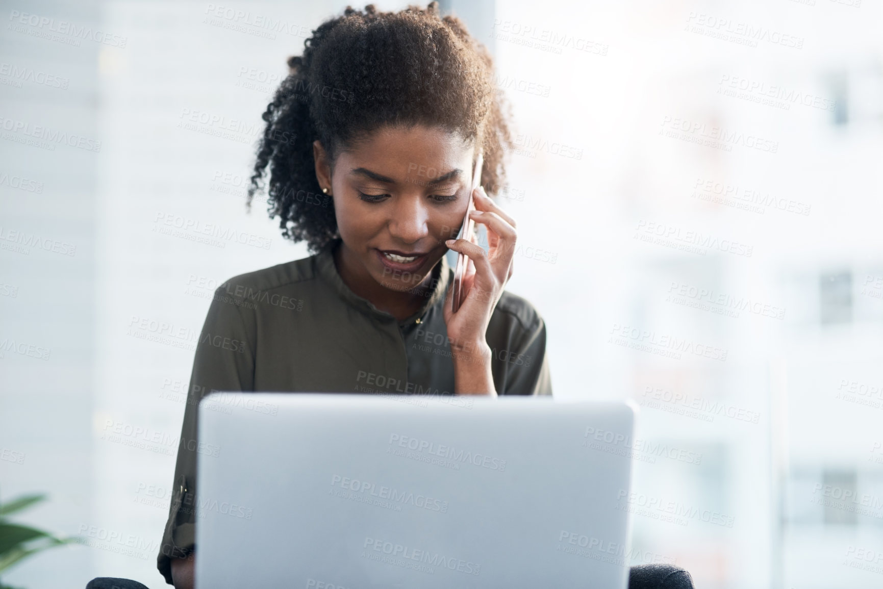 Buy stock photo Phone call, employee and woman with laptop, office and connection with typing, app and online reading. Happy person, consultant and agent with computer, smartphone and contact with research or office