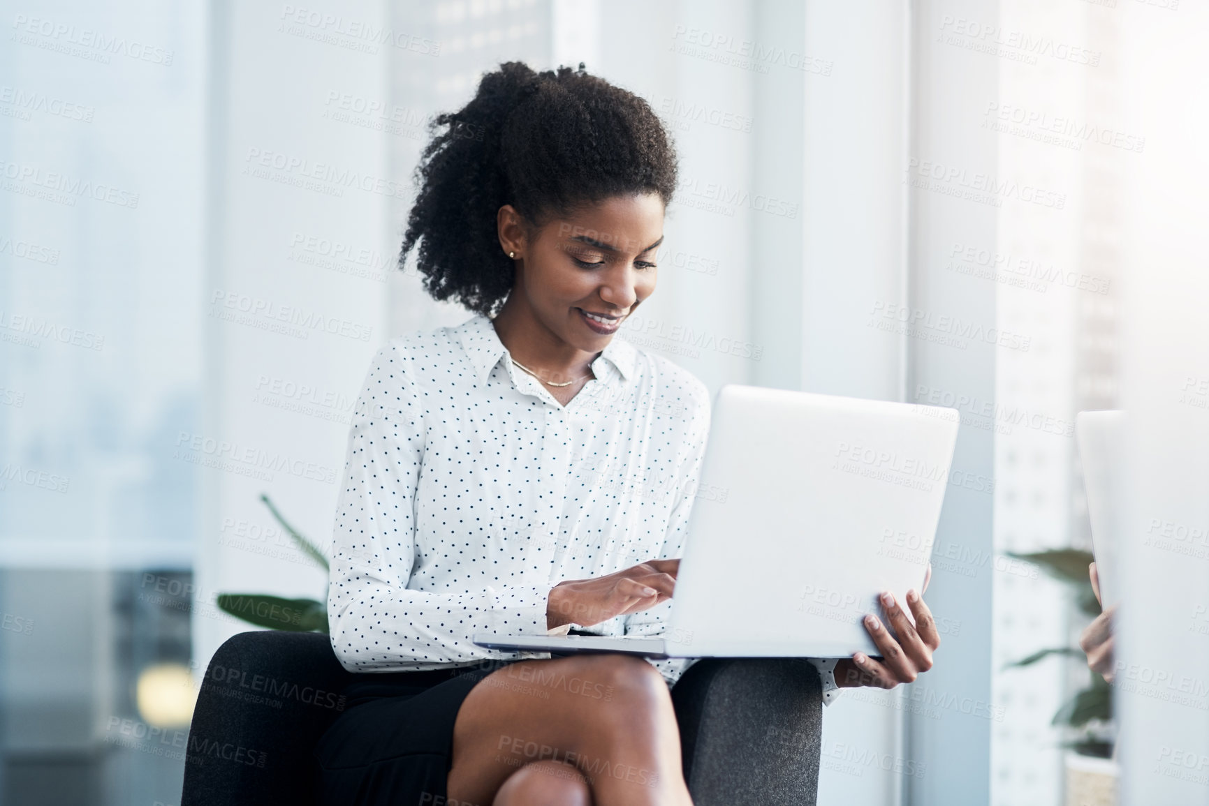 Buy stock photo Typing, businesswoman and laptop on lap in office for reading emails, project management and daily corporate news or growth. Entrepreneur, digital technology and research, online and review feedback.