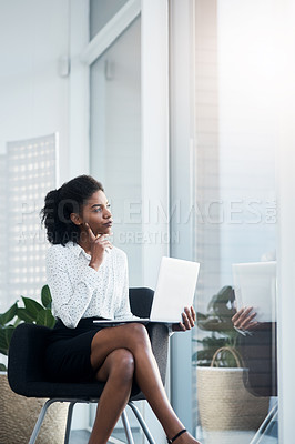 Buy stock photo Business woman, office and laptop planning with view at window with thinking and public relations. Worker, tech and idea at company for digital project with computer and online with mockup space