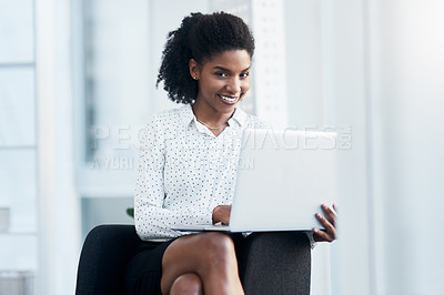 Buy stock photo Black woman, portrait and laptop in office for typing emails, project management and daily corporate news or growth. Female entrepreneur, digital technology and research, online and business review.