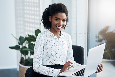 Buy stock photo Black woman, portrait and laptop on lap in office for reading emails, project management and daily corporate news or growth. Female entrepreneur, digital technology and search online business review.