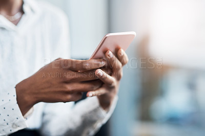 Buy stock photo Businesswoman, typing and closeup of hands with a phone on social media, mobile app or internet. Technology, communication and cellphone for browsing or networking on online website or text message.
