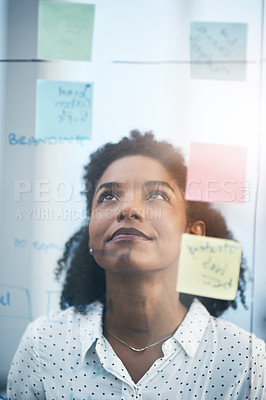 Buy stock photo Glass, thinking and business with woman, idea or solution with planning for project, problem solving or choice. Person, agent or consultant with transparent board, office or decision with sticky note