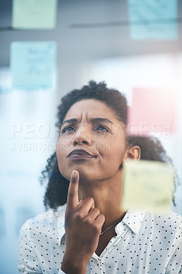 Buy stock photo Glass, thinking and business with woman, decision and solution with planning for project, creativity and choice. Person, employee and consultant with transparent board, ideas and problem solving