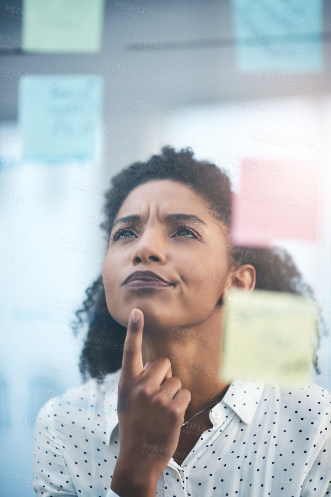 Buy stock photo Glass, thinking and business with woman, decision and solution with planning for project, creativity and choice. Person, employee and consultant with transparent board, ideas and problem solving