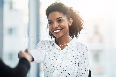 Buy stock photo Business, smile and black woman shaking hands with client for deal, agreement or partnership. Handshake, collaboration and African female professional with opportunity, hiring and welcome to company.