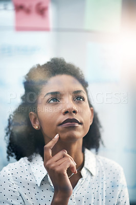 Buy stock photo Glass wall, thinking and business with black woman, choice and solution with planning for project, startup or problem solving. Person, employee or consultant with transparent board, ideas or decision