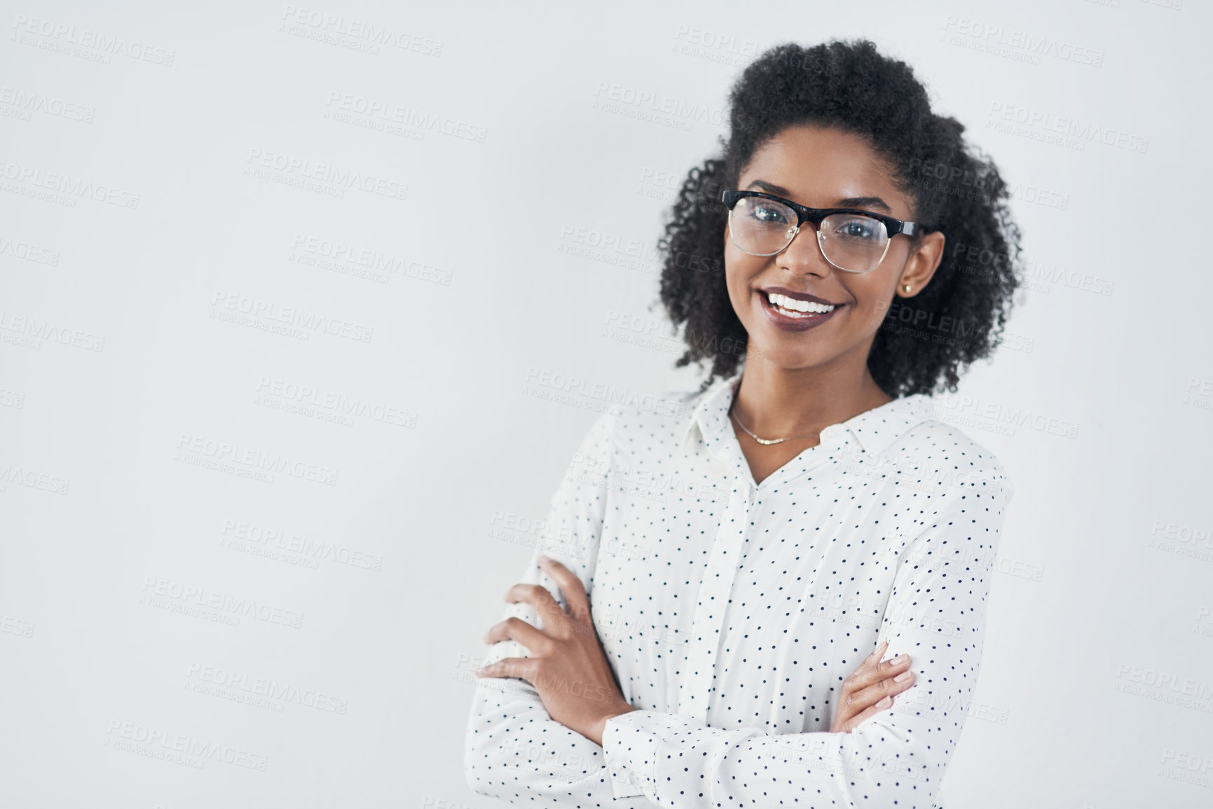 Buy stock photo Smile, business and portrait of black woman with arms crossed in studio isolated on a white background mockup. Glasses, confidence and face of professional, entrepreneur or person from South Africa.