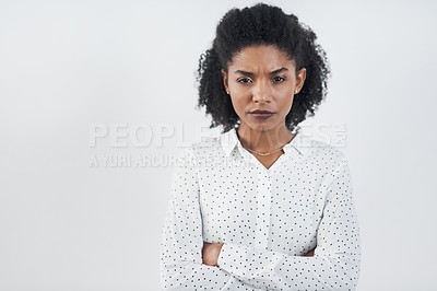 Buy stock photo Angry, business and portrait of black woman with arms crossed in studio isolated on a white background mockup. Frustrated, face and African female professional, entrepreneur or person from Nigeria.