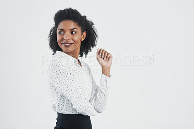 Buy stock photo Business woman, thinking and attorney confidence in a studio with idea and smile. Career, entrepreneur and vision of a labour lawyer and worker with corporate fashion and style with white background