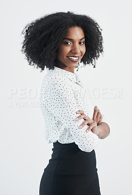 Buy stock photo Business, happy and portrait of black woman with arms crossed in studio isolated on a white background. Confidence, face and African female professional, entrepreneur or person from South Africa.