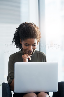 Buy stock photo Woman, business and laptop in office for reading emails, project management and daily corporate news or growth. Female entrepreneur, digital technology and research, online and review feedback