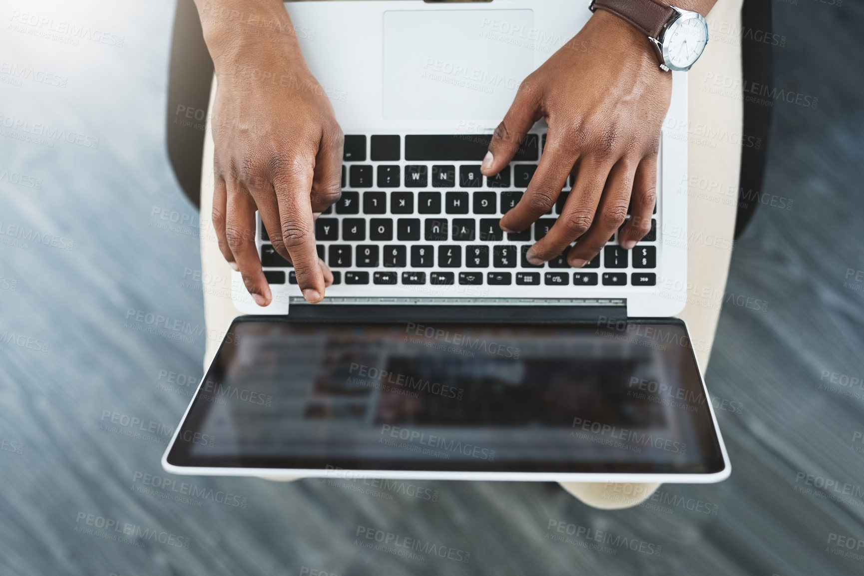 Buy stock photo Hands, screen and business with man, laptop and keyboard with research, typing and connection. Closeup, person or employee with computer, website info or communication with email, tech or digital app