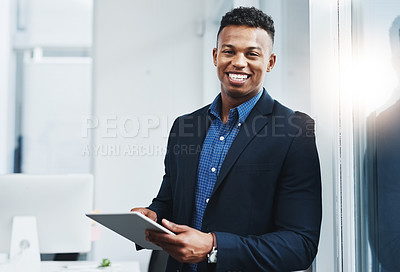 Buy stock photo Tablet, happy and portrait of business black man in office for research, website review and internet. Corporate worker, online and person on digital tech for networking, planning and startup ideas