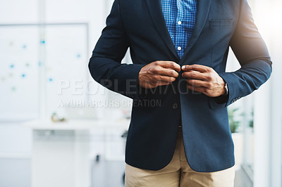 Buy stock photo Blazer, office and business man hands with corporate professional ready for work at company. Staff, employee and startup with suit and career fashion with entrepreneur and workplace with executive