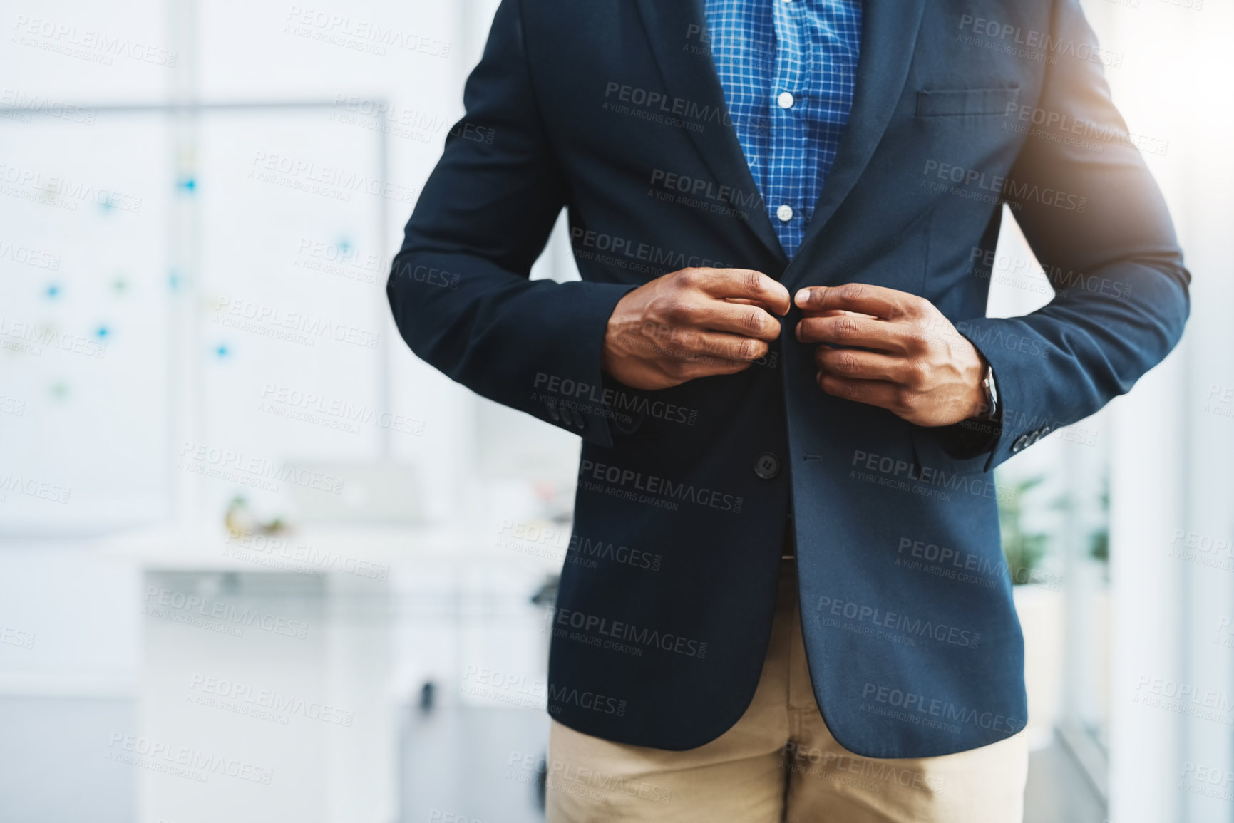 Buy stock photo Blazer, office and business man hands with corporate professional ready for work at company. Staff, employee and startup with suit and career fashion with entrepreneur and workplace with executive