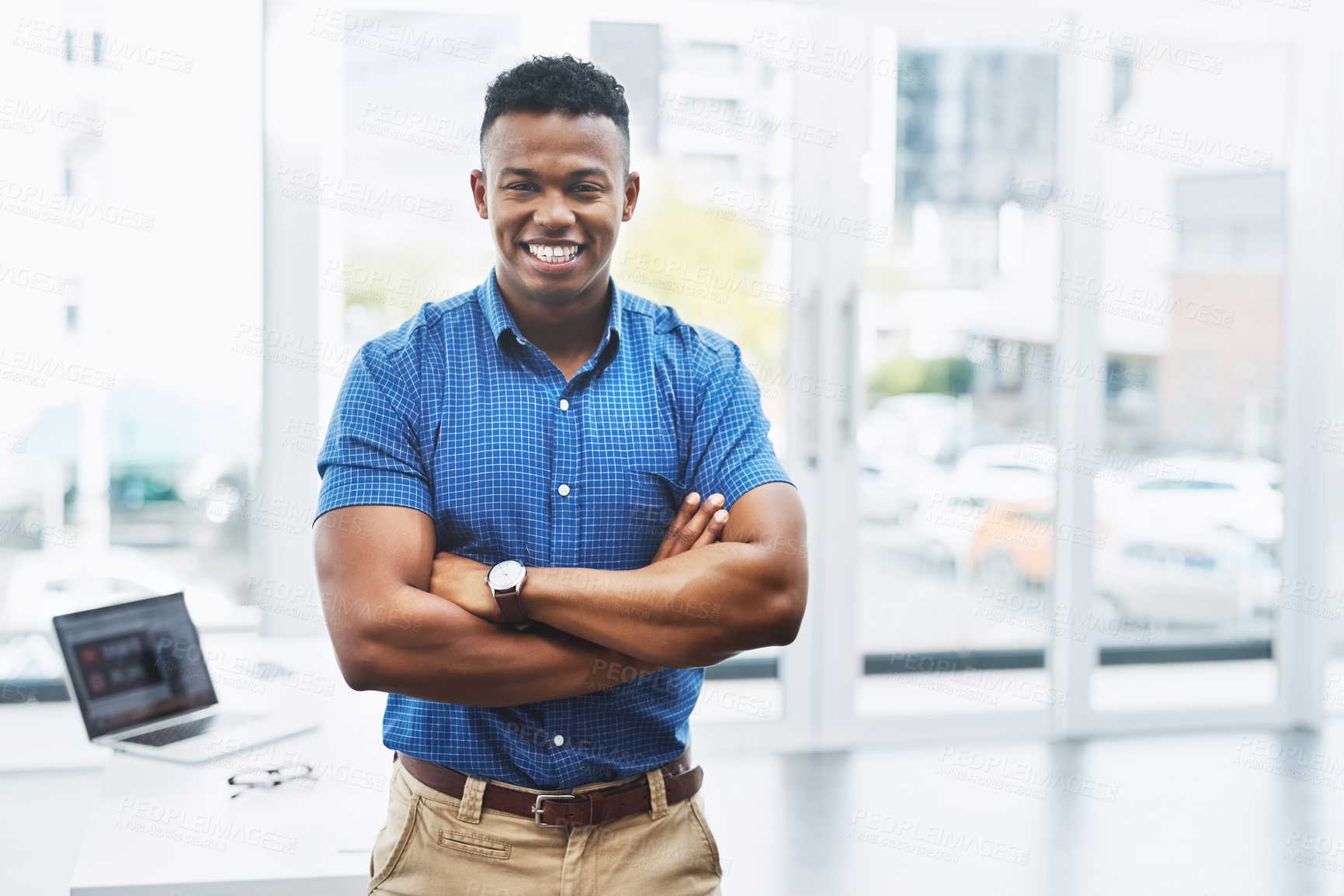 Buy stock photo Smile, portrait and African businessman with arms crossed in office for confidence, positive attitude and friendly welcome. About us, face and happy manager with work ethic, career and startup pride