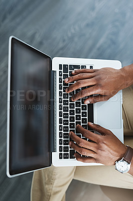 Buy stock photo Hands, business man and typing code with web developer and small business with tech. Above, digital agency and computer with ux project with online coder career and professional  at work