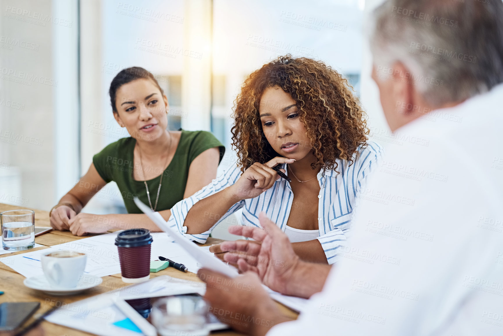 Buy stock photo Documents, meeting and serious with group of business people in office together for training workshop. Coaching, seminar and thinking with employee team planning in workplace for upskill development