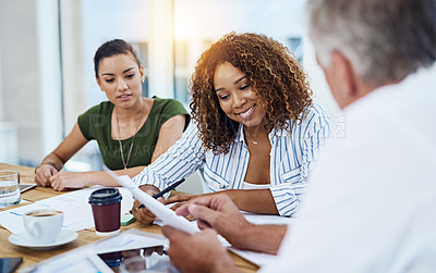 Buy stock photo Collaboration, meeting and smile with business people in office together for training workshop. Coaching, planning and seminar with happy employee group or team in workplace for upskill development