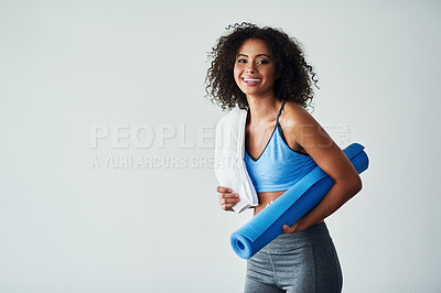 Buy stock photo Studio shot of an athletic young woman against a grey background