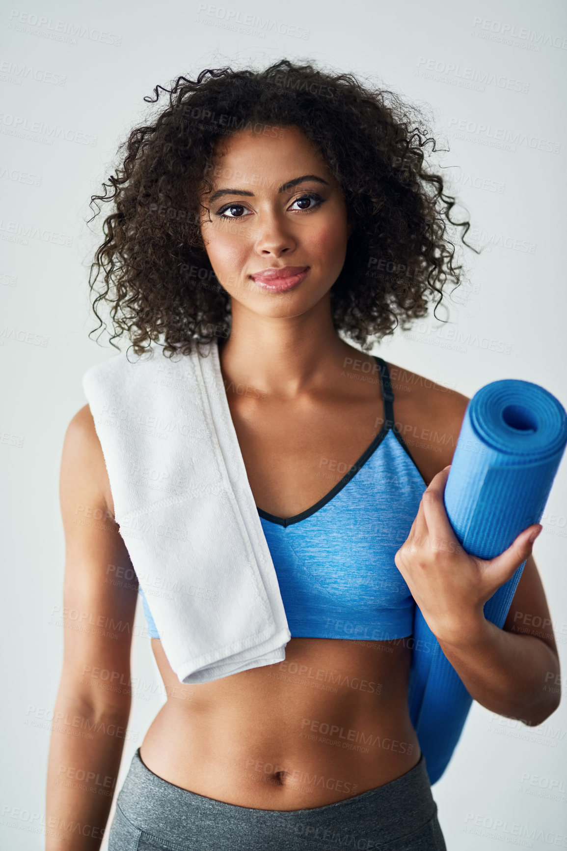 Buy stock photo Studio, fitness and portrait of woman with mat for exercise, wellness and self care in morning. Person, towel and athlete with confidence for workout, training and healthy body on white background