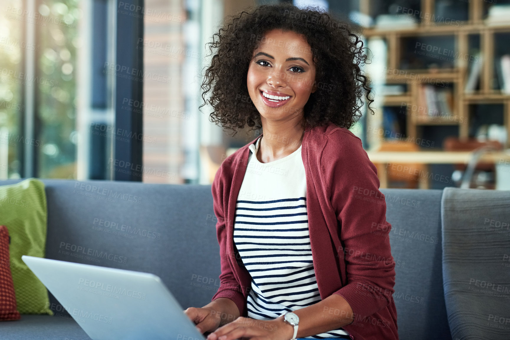 Buy stock photo Remote work, sofa and portrait of happy woman with laptop, online banking and ecommerce at home. Female freelancer, smile and tech on couch for email, creative writing or blog post on social media