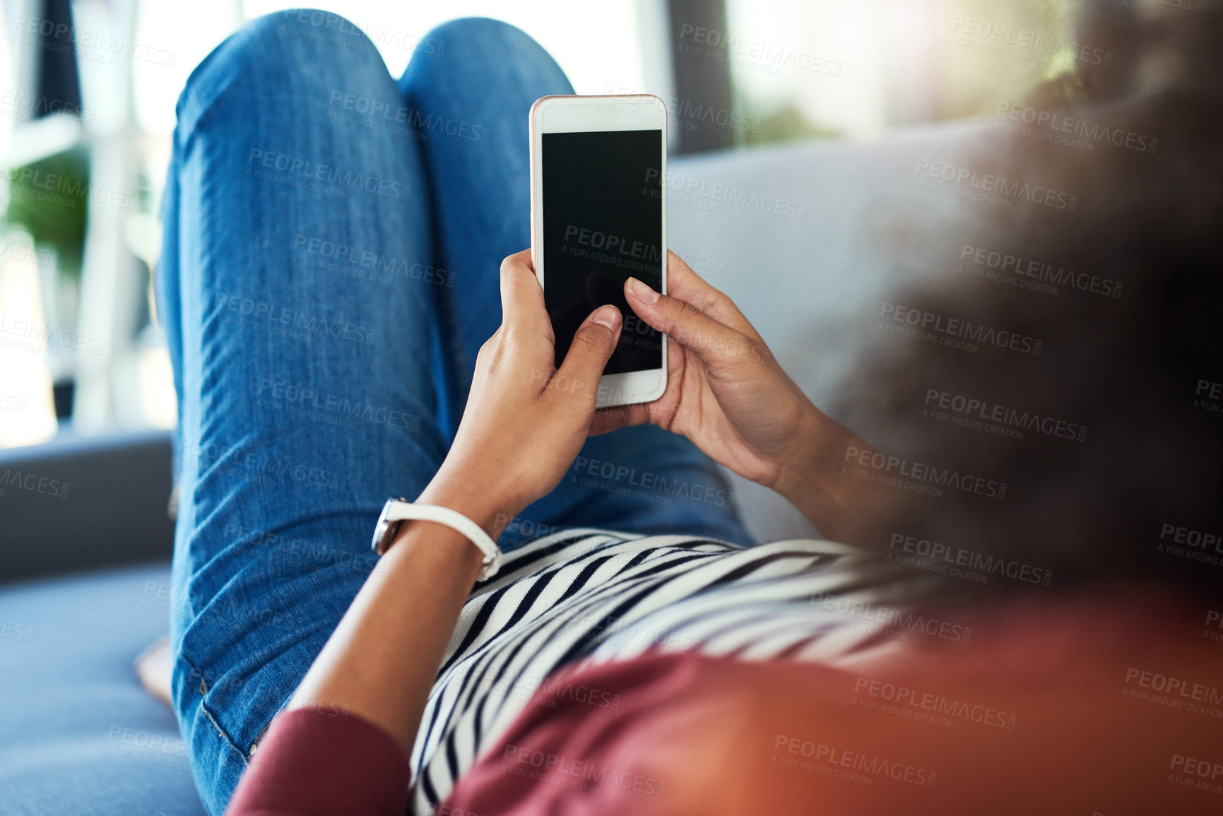 Buy stock photo Woman, home and texting with smartphone screen on website for online dating. Female person, couch and mockup space in living room on social media for networking, communication and interaction