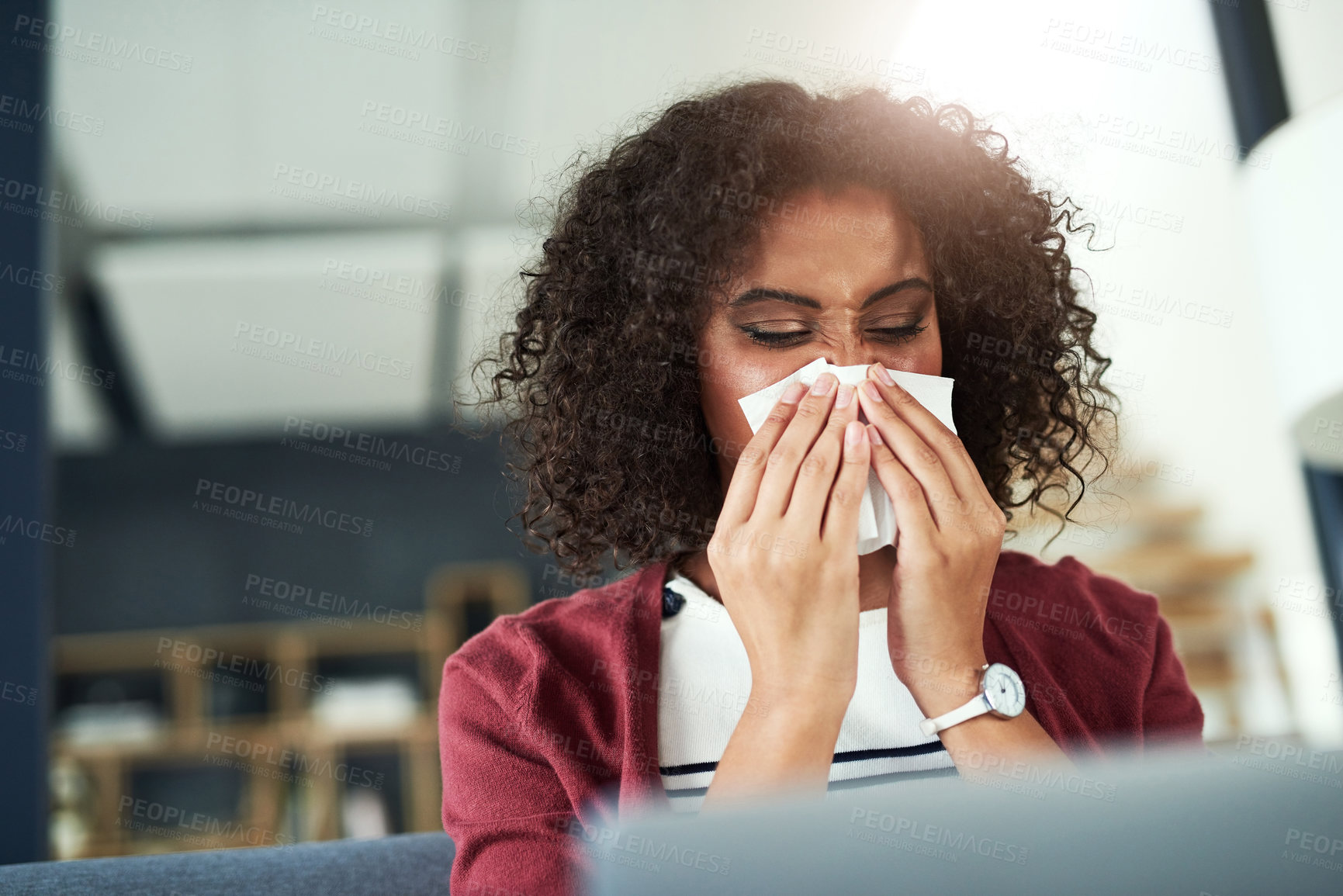 Buy stock photo Woman, home and sneeze with laptop on illness, flu and sinus in living room on sofa. Female person, sick and blowing nose with research on symptoms, virus and telehealth for booking appointment