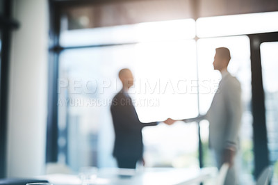 Buy stock photo Business people, handshake and partnership for meeting, hiring or b2b deal agreement at office. Businessman shaking hands in recruiting, teamwork or collaboration with blurred background at workplace