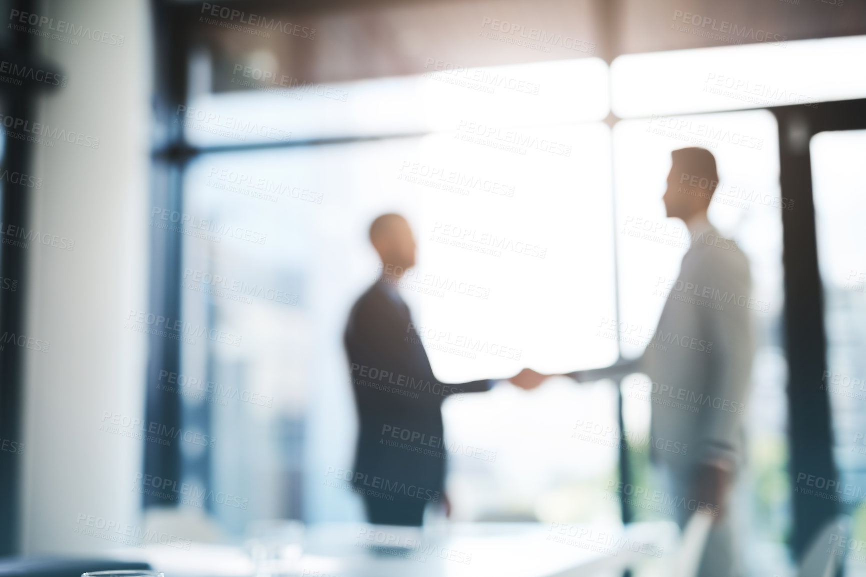 Buy stock photo Business people, handshake and partnership for meeting, hiring or b2b deal agreement at office. Businessman shaking hands in recruiting, teamwork or collaboration with blurred background at workplace
