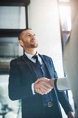 Buy stock photo Businessman, handshake and partnership for meeting, hiring or b2b agreement in deal at office. Business people shaking hands for recruiting, teamwork or collaboration and introduction at workplace