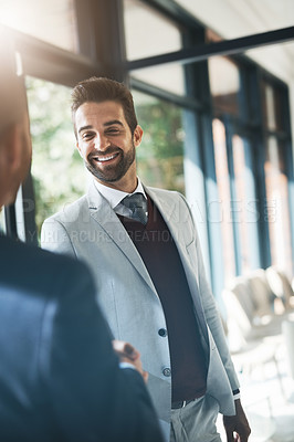 Buy stock photo Businessman, handshake and partnership in meeting for b2b agreement, hiring or deal at the office. Happy business people shaking hands in recruiting, teamwork or welcome introduction at the workplace
