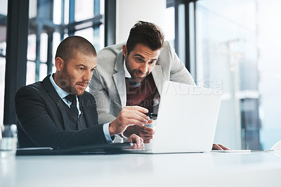 Buy stock photo Businessmen, laptop and discussion for problem solving in office, accounting agency and teamwork for project. Support, collaboration and mentorship with internship, talking and planning for finance