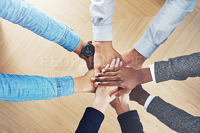 Buy stock photo Above, partnership or hands of business people in stack for support, teamwork or planning in office. Motivation, diversity or employees in group collaboration with hope or mission for goals together