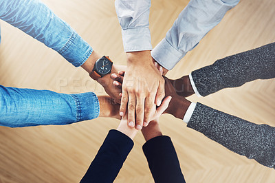 Buy stock photo Above, mission or hands of business people in support for faith, teamwork or partnership in office. Vision, diversity or employees in group collaboration with hope or strategy for goals together 