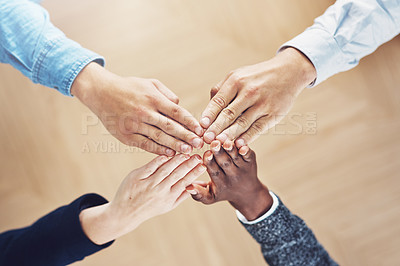 Buy stock photo Link, high five or hands of business people winning with support for faith, motivation or planning in office. Teamwork, winners or above of employees in collaboration with hope or mission together 