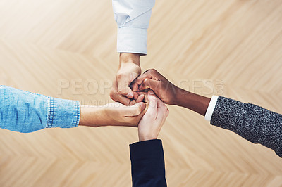 Buy stock photo Teamwork, link or hands of business people in support for faith, community or strategy in startup office. Vision, above or employees in group collaboration with hope or mission for goals together 