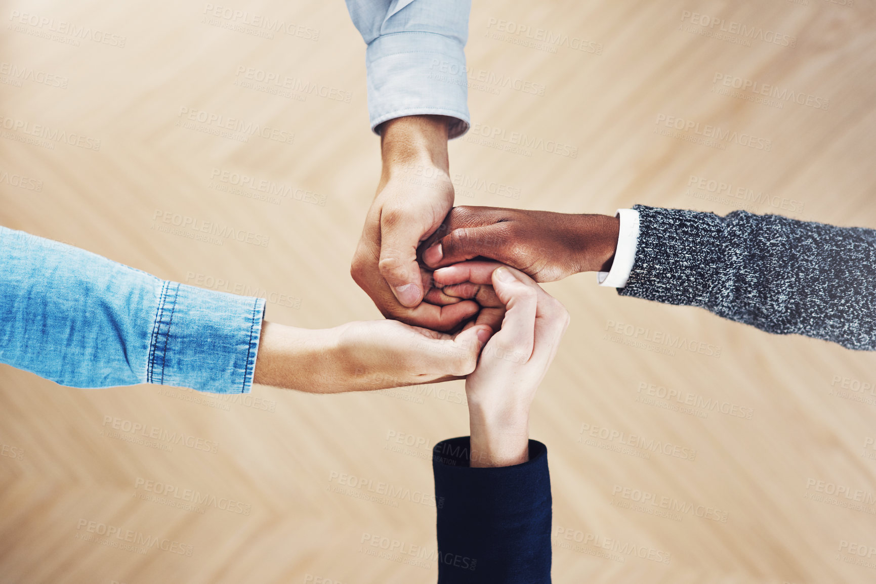 Buy stock photo Teamwork, link or hands of business people for mission, community support or strategy in startup office. Vision, above or zoom of employees in group collaboration with hope or plan for goals together