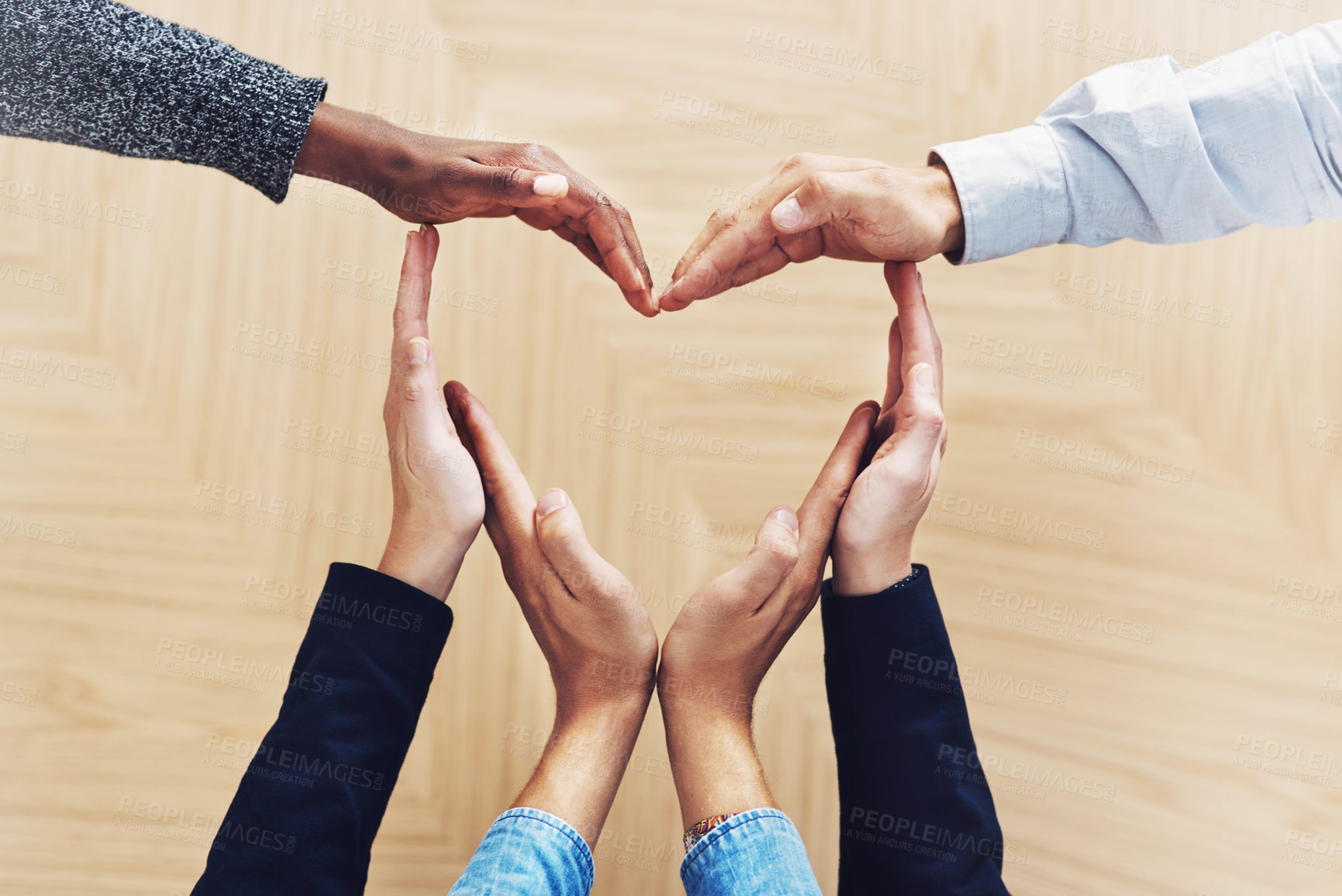 Buy stock photo Community, heart or hands of business people in support for trust, teamwork or diversity inclusion in office. Love gesture, above or employees in group collaboration with hope or kindness for charity
