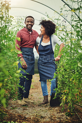 Buy stock photo Black couple, people and smile at farm with shovel for vegetables, agriculture and crops. Relationship, partners and happy or laughing in confidence or pride for business growth as farmer in rural