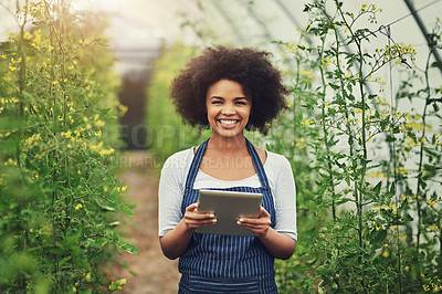 Buy stock photo Happy woman, portrait and conservation with tablet in greenhouse for crops, harvest or natural agriculture. Young, female person or farmer with smile on technology for fresh production in Ethiopia