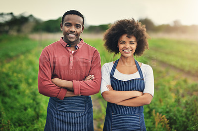 Buy stock photo African couple, portrait and happy farmer at field for agriculture, plant harvest or food production. Face, man and woman at farm with arms crossed for confidence, agro or pride at countryside garden