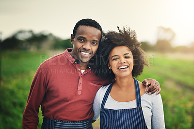 Buy stock photo African couple, agriculture and portrait of happy farmer at garden for plant or food production. Face, man and smile of woman at farm in countryside for agro, growth or laughing  together in nature