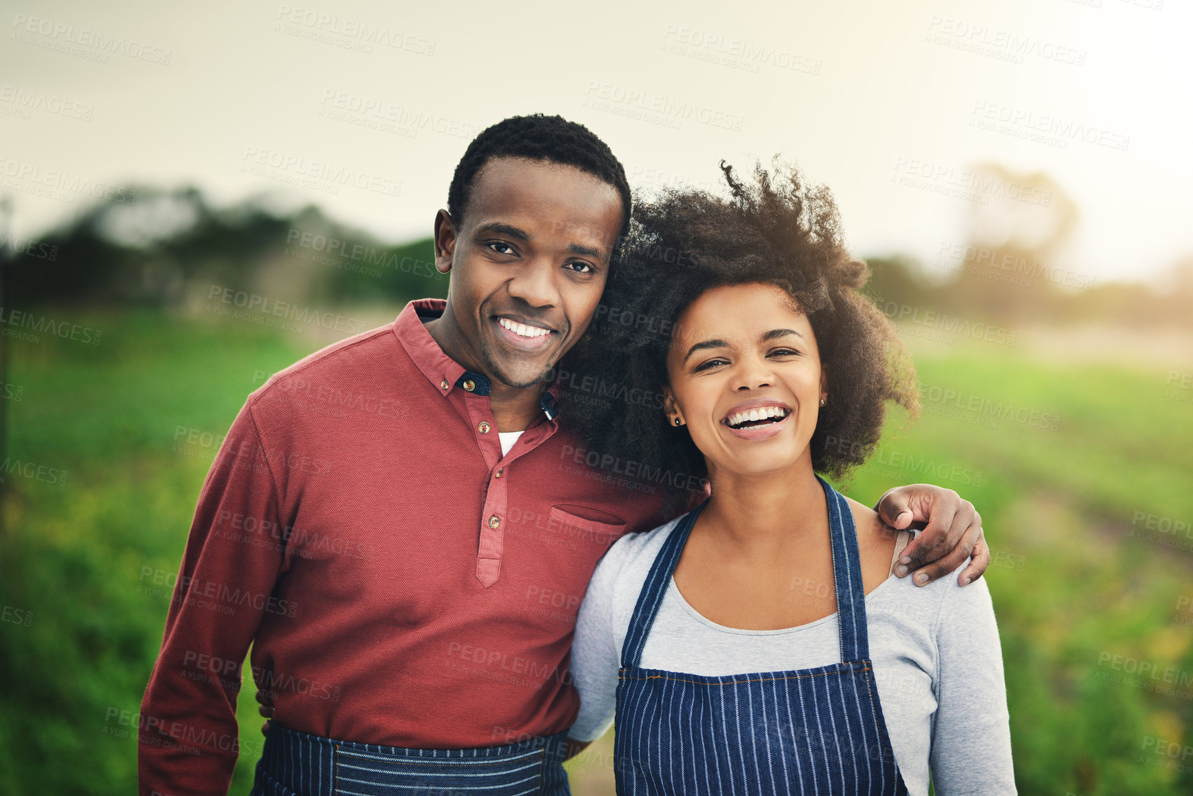 Buy stock photo African couple, agriculture and portrait of happy farmer at garden for plant or food production. Face, man and smile of woman at farm in countryside for agro, growth or laughing  together in nature