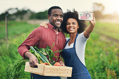 Buy stock photo Man, woman or technology with selfie for farming, profile picture for social media or startup blog. Black people, food or agro business for green environment, together for face photography with smile