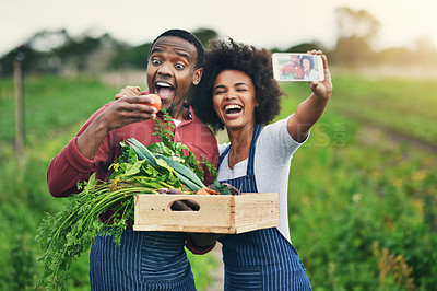 Buy stock photo Cropped shot of an affectionate young couple taking selfies while working on their farm