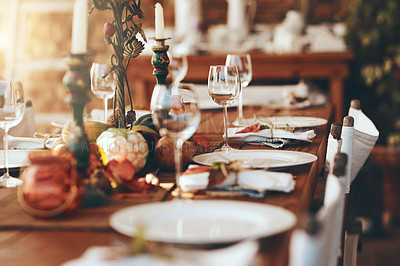 Buy stock photo Table setting, fine dining and celebration of Christmas dinner on a patio of a house. Food, party and dining table ready for a feast, Thanksgiving tradition and dinner party with place setting